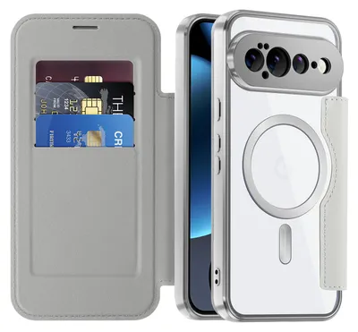 Produktbild von Klapphülle für Google Pixel 11 Pro XL Kompatibel mit Magsafe, Klar Überzug Kartenhalter Ledertasche mit Kameraschutz Silber