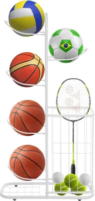 Produktbild von Basketballkorb mit Ballständer - Sportgeräte Organizer - Für 5 Bälle - Aufbewahrungs- und Displayregal - Rugby Fußball Volleyball - 20 cm