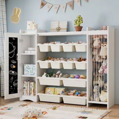 Produktbild von STILVORA Kinderregal mit Kreidetafel, Aufbewahrungsschrank mit 4 großen und 8 kleinen Boxen, Spielzeugregal mit Seilfach für Kuscheltiere, Weiß