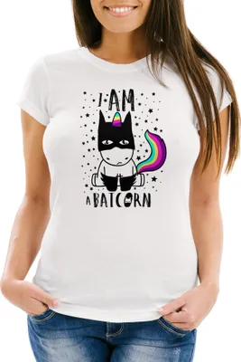 Produktbild von Damen T-Shirt Einhorn Unicorn Batcorn Slim Fit Moonworks® weiß XS