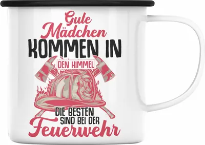 Produktbild von Trendation - Feuerwehr Frau Emaille Tasse Geschenk Frauen Feuerwehrfrauen Spruch Geschenkidee (Schwarz)