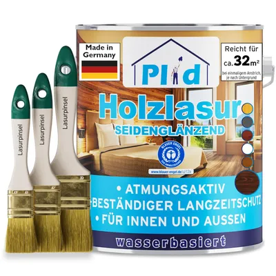 Produktbild von Plid Holzlasur Innen & Aussen Palisander 2,5L+ Lasurpinselset /Holzschutzlasur Außen mit UV beständigem Langzeitschutz - Grundierung Holz Außen