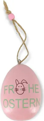 Produktbild von Holz Hase auf Ei rosa - Frohe Ostern 6 x 7,5cm Deko-Hänger Osterhase Osterei Anhänger