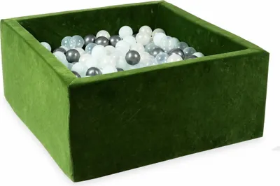 Produktbild von Bällebad 90x90x40 Samtig weich Olive – Mit 400 Bällen / transparent, mint, metallic graphit, Meerjungfraueneffekt