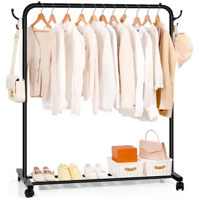 Image de Portant à vêtements - Métal - Noir - Sur roulettes - Avec étagère de rangement - Pour chambre et entrée