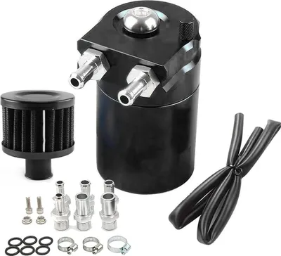 Obrázok produktu pre Olejový separátor pre automobily, objem 300 ml – nádoba na zachytávanie oleja – hliník – univerzálny motor – s vzduchovým filtrom a hadicou – čierna farba