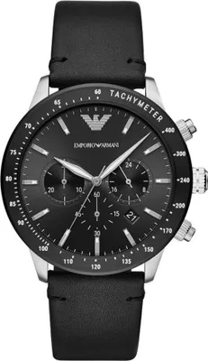 A close-up studio shot of a black Emporio Armani chronograph watch with a black leather strap.