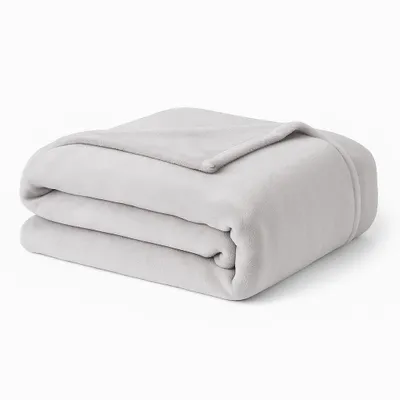 A folded light gray blanket on a white background.