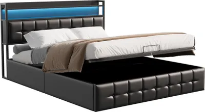 Obrázok produktu pre Fortuna Lai čalúnená posteľ 140x200 cm, LED, USB, zásuvka, úložný priestor, umelá koža, čierna