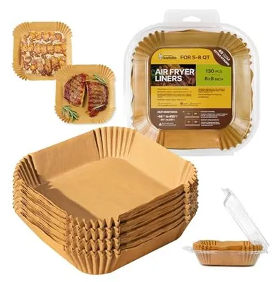 Image de 130 feuilles de papier sulfurisé pour friteuses à air chaud, 20 x 20 cm, résistant à la chaleur, compatible avec les friteuses à air chaud Philips, Cecotec, COSORI, Midea, Russell Hobbs XL et XXL