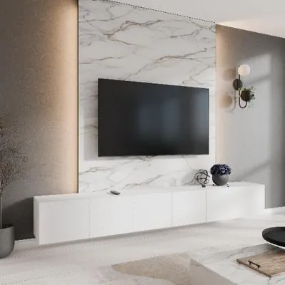 Image de Margaret Hadas24 Meuble TV Nicole Meuble TV Meuble TV bas 300 cm Suspendu Design moderne Salon Montage mural, Meuble TV blanc, blanc