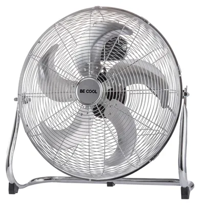 A silver floor fan with a chrome stand.
