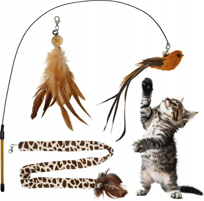 Immagine prodotto di Canna da pesca per gatti 3 giocattoli con campana, uccello, piume, coda lunga SET