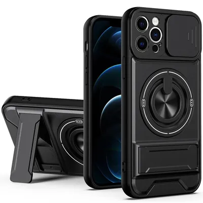 Produktbild von Magnetisch Hülle für iPhone 12 Pro Militär Stoßfest Hülle mit Dia Kameraschutz und Ringhalter Ständer Schwarz