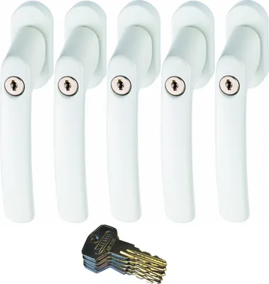 A set of five white window handles with integrated locks and a stack of keys.