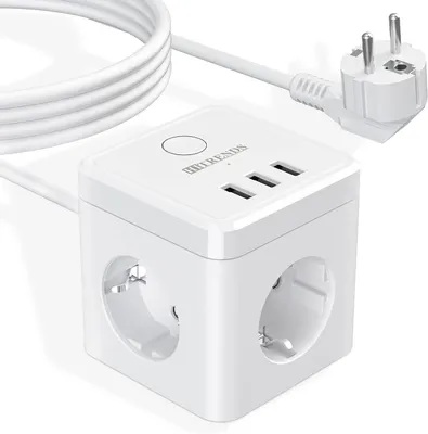 Produktbild von Steckdosenwürfel mit USB – Mehrfachsteckdose mit 3 Steckdosen und 3 USB-Anschlüssen – Weiß