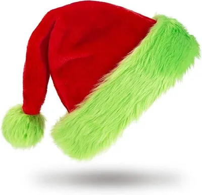 Immagine prodotto di Cappello da Babbo Natale - Rosso e verde - Cappello in peluche morbido - Cappello natalizio divertente - ideale per feste natalizie e party