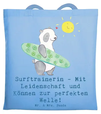 Produktbild von Mr. & Mrs. Panda Shopping Tasche Surfen Trainerin - Sky Blue - Geschenk, Sportgeschenk, Schultasche, Sportart, Tote Bag, Leidenschaft, Danksagung, Jutebeutel, Uni, Ozean