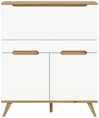 A white and wood secretary desk with two doors and wooden handles, standing on angled wooden legs.