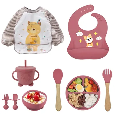 Image de Omgoods - Ensemble de vaisselle en silicone pour bébé - Set de 10 pièces pour enfant avec ventouse et couverts