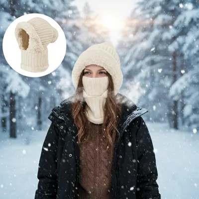 Produktbild von STILVORA Mützen, Gestrickte Plüsch, extra warme Wintermütze mit Fleece-Futter, winddichte 3-in-1 Strickmütze als Mütze, Schal & Gesichtsschutz für kalte Wintertage, Beige