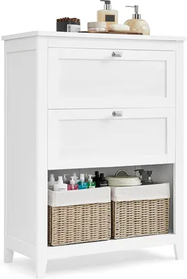 Productafbeelding van Badkamerkast - Opbergkast staand met 2 lades en 2 manden - 60 x 30 x 80 cm - Wit - Landelijke stijl