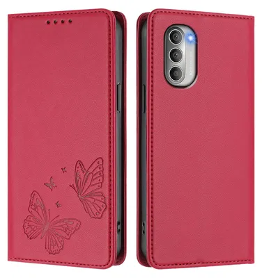 Produktbild von Lederhülle für Motorola Moto G51 5G, Schmetterling Prägung Leder Brieftasche Schutzhülle mit Ständer Rot
