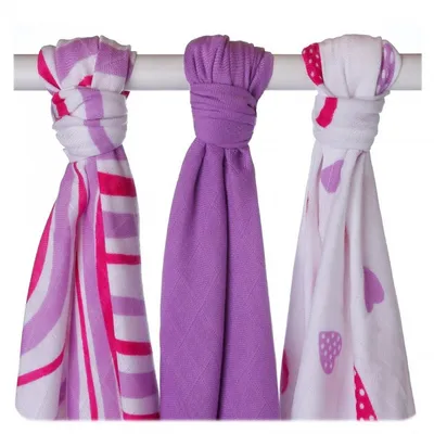 Produktbild von Bamboo-Mullwindel 70x70 3er-Set lilac waves & hearts