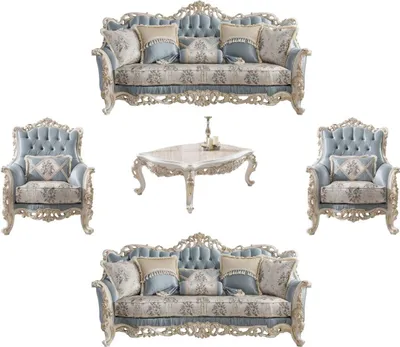 Image de Casa Padrino Luxe Salon Baroque Ensemble Bleu Clair / Crème / Blanc / Or - 2 Canapés & 2 Fauteuils & 1 Table Basse - Mobilier noble de salon baroque
