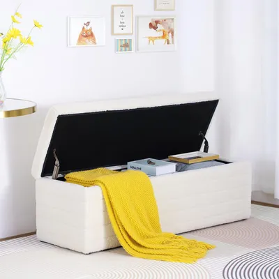 Immagine prodotto di Panca con spazio contenitore, 118 cm, bianca, rivestita in pile, dimensioni 118x40x40 cm