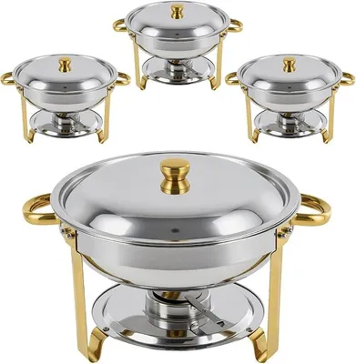 Produktbild von Chafing Dish Set 4er-Pack rund, 5 QT Edelstahl Buffetwärmer mit goldenen Griffen & Gestell, Elegante Silber-goldene Speisenwärmer für Catering, Hochzeit, Party & Bankett