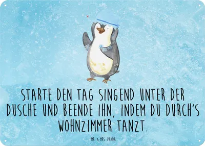 Produktbild von Mr. & Mrs. Panda Schild Pinguin Duschen DIN A3 - Eisblau - Geschenk, Tanzen, Wandbild, Lebensmotto, Duschkonzert, Blechschild, wandtafel, Pinguine, Türschild, Singen