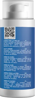 The image shows the back of a product bottle with multiple languages of instructions and a QR code.