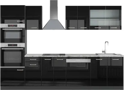 Produktbild von Küchenzeile Vicco R-Line Schwarz Hochglanz 300 cm mit Hochschrank, AP Marmor, Model 49551