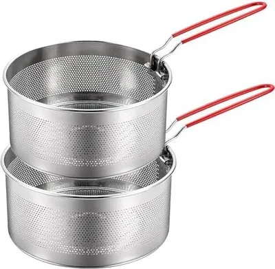 Produktbild von Edelstahl Lebensmittel Siebkorb Set, 2 Stück, Nudelsieb mit abnehmbaren Griff, Metall Nudelsieb Korb Fritteuse Korb, Küchensieb zum Waschen Abtropfen Frittieren Kochen Dämpfen