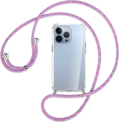 Produktbild von Handykette Backcover-Schutzhülle mit Band (Metall silberfarben) für Apple iPhone 13 Pro - lila/rosa/blau
