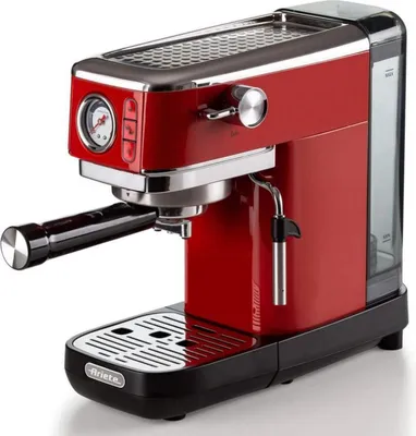 A red espresso machine on a white background.
