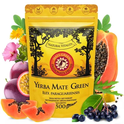 Produktbild von Yerba Mate Green Passionate Frutas 500 g – Brasilianische Yerba Mate mit Papaya, Maracuja, Aronia, Hibiskus & Kräutern - Tropisch-fruchtig & belebend