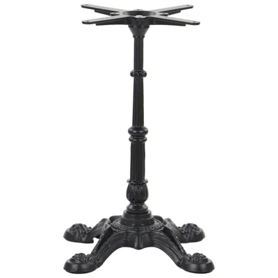 A black cast iron table base with a decorative pedestal and a four-pronged top for attaching a table.