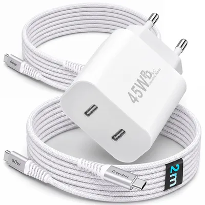 Produktbild von 45W USB-C Schnellladegerät Charger mit GaN-Technologie für Handy, iPhone, Samsung S21-S25, Tablet, iPad Dual Port PD - Ladegerät + 2x 2m Kabel, KI-generiertes Bild