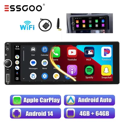 Produktbild von Autoradio 1 DIN Android 14 CarPlay Android Auto Touchscreen Display 4 GB RAM 64 GB Speicher GPS Navi WiFi Bluetooth USB RDS Radio Freisprechfunktion