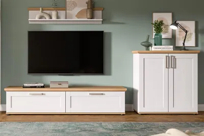 Produktbild von Wohnwand "Mirano" in weiß Lärche und Eiche Artisan Landhaus Wohnkombination 3-teilig 260 cm