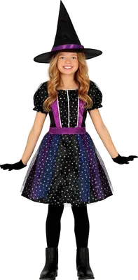 Produktbild von Hexe Halloween Zauber Sternenkleid Mit Hut Fabelwesen Schwarz Lila Kostümträume Fantasie Glitzer Glamour Märchenhafte Nacht Outfits Kinderparty, Größe: 98/104 Farbe: Schwarz