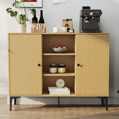 Image de Commode SONNI 120 x 35 x 93 cm, meuble de couleur bois naturel, grand espace de rangement, meuble à 2 portes, meubles de salon