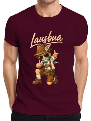Obrázek produktu pro Lausbua, pánské tričko s motivem tradičního bavorského oděvu (Lederhose, Dirndl, motiv alp), barva: vínová, velikost: 3XL