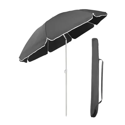 A dark gray umbrella with a white trim and a matching carrying case, displayed on a white background.