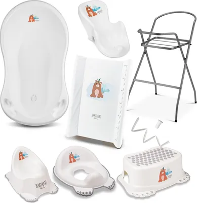 Produktbild von Babypflege Set 8-teilig – Babybadewanne 86 cm mit Ständer, Badesitz, Schlauch, Wickelauflage, Töpfchen, Hocker & Toilettentrainer