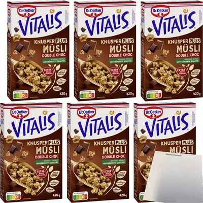 Produktbild von Dr.Oetker Vitalis Knusper Plus Müsli Double Choc 6er Pack (6x420g Packung) + usy Block
