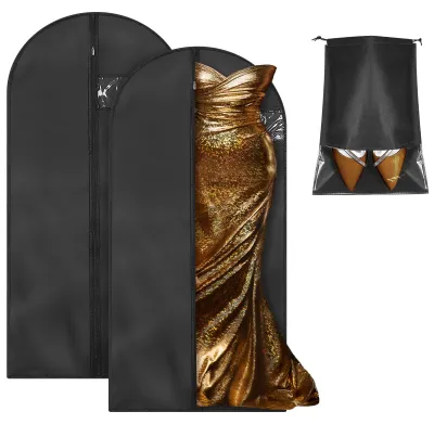 Produktbild von 2 Kleidersäcke mit Schuhfächern, 140 x 60 cm, schwarz, mit Reißverschluss, mottenfest, langer Anzugsack, Aufbewahrungstasche für Kleider und Hemden