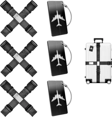 Image de Ensemble de sangles pour valises, 6 pièces, couleur noire, avec 3 étiquettes de bagages, réglables, pour bagages de voyage
